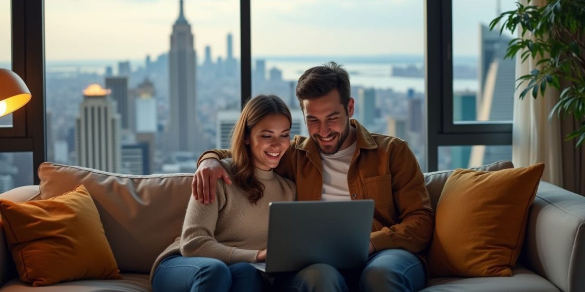 New York a_realistic_photo_of_a_young_couple_sitting_together_on_a_cozy_sofa_turned_slightly_sideways_as_the__1